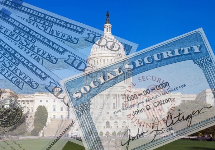 Fake SSN card and US currency superimposed on US capitol building. Concept of high cost of retirement.